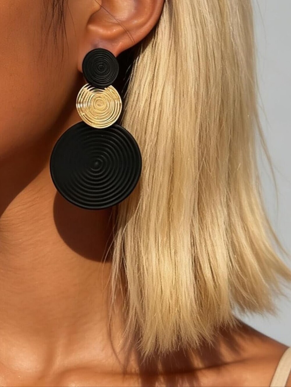 Statement Boho Gold & Black Triple Disc Drop Dangle Earrings
